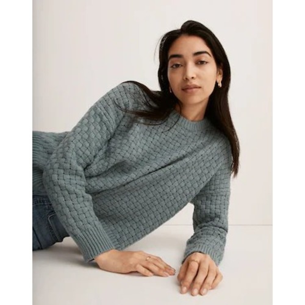 Madewell Basketweave Pointelle Crewneck Sweater Blue Green Medium CKP469205161